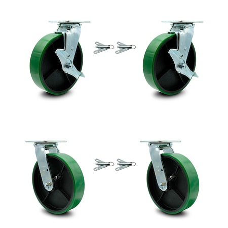 Service Caster 8 Inch Green Poly on Steel Caster Set with Ball Bearings 4 Swivel Lock 2 Brake SCC-30CS820-PUB-GB-TLB-BSL-2-BSL-2